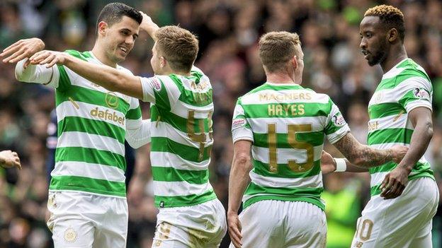 Celtic's Tom Rogic, James Forrest, Jonny Hayes and Moussa Dembele