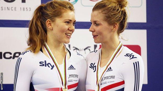 Jessica Varnish and Becky James pose on the podium with bronze medals