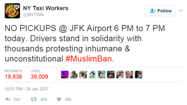 Tweet from NY Taxi Workers Alliance: No pickups at JFK aprort from 6 p.m. to 7 p.m. today