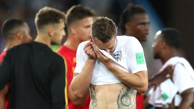 Jamie Vardy dejected at end of England defeat by Belgium