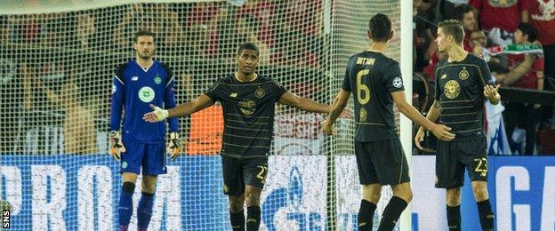 Saidy Janko (second left) had a tough 90 minutes for Celtic