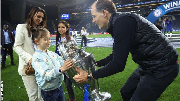 Chelsea boss Thomas Tuchel celebrates winning the Champions League with his family