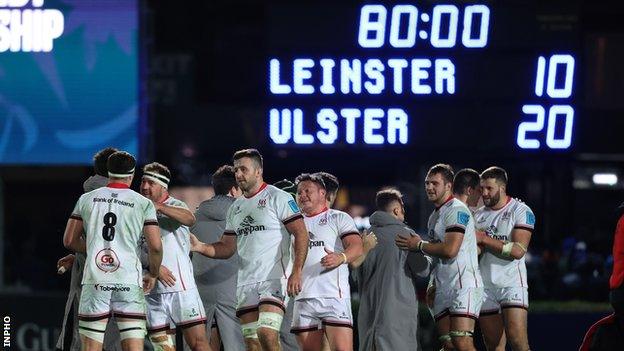 Ulster players celebrate after their United Rugby Championship win over Leinster in late November