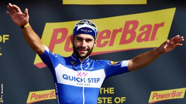 Fernando Gaviria celebrates winning stage four