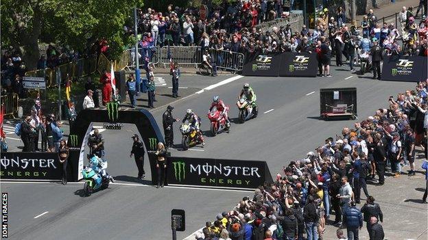 Motorcycles at the start line on the TT course