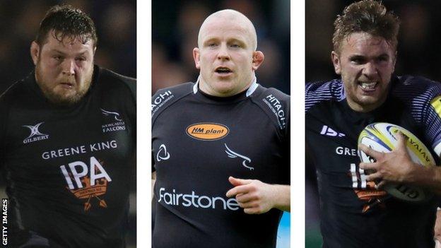 Jon Welsh, Scott Lawson and Chris Harris in action for Newcastle Falcons