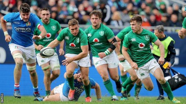 Jordan Larmour makes a break for Ireland