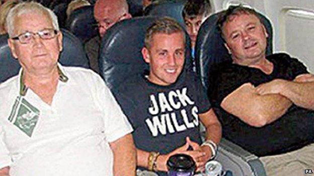 Charles (known as Patrick) Evans, Joel Richards and Adrian Evans on the plane heading to Tunisia