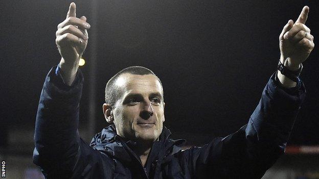 Oran Kearney celebrates after Coleraine's 3-0 win over Irish Premiership champions Crusaders on Monday