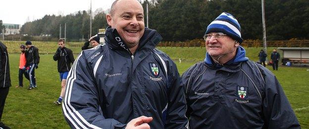 Monaghan boss Malachy O'Rourke shows his delight after the dramatic victory over Donegal