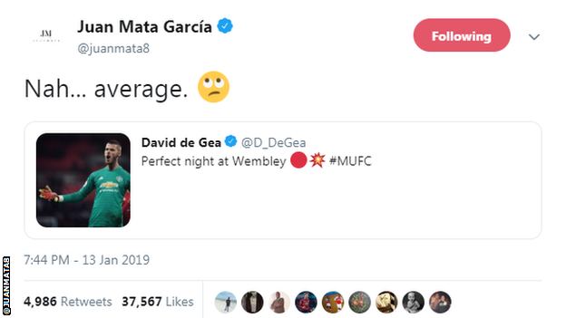 Juan Mata tweet joking about De Gea's performance being "average"