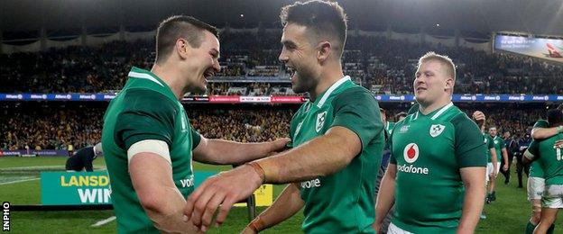 Ireland's half-backs Johnny Sexton and Conor Murray celebrate their victory against Australia