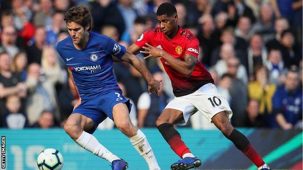 Marcos Alonso takes the ball away from Manchester United's Marcus Rashford