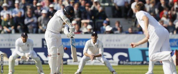 Milinda Siriwardana is dismissed by Chris Woakes