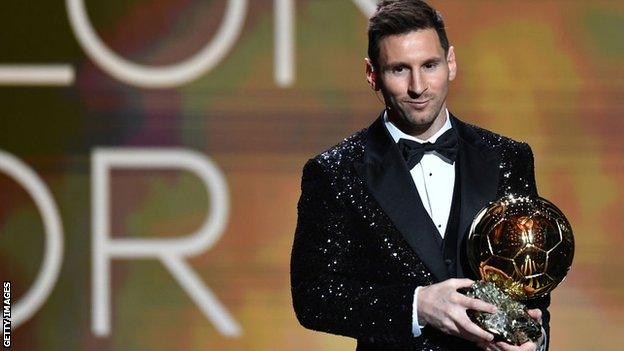 Lionel Messi with the Ballon d'Or in 2021 after winning for a record seventh time