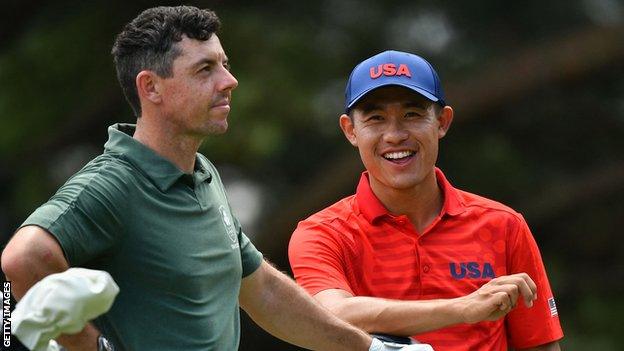 Rory McIlroy and Collin Morikawa during their second round on Friday