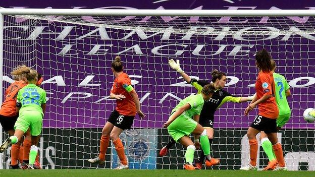 Four goals from Pernille Harder, left, helped Wolfsburg into the last four