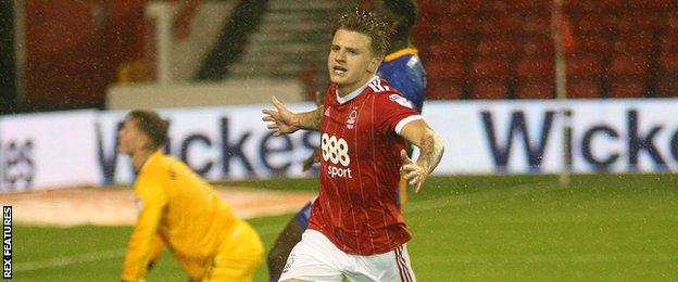 Nottingham Forest's Jason Cummings celebrates scoring against Shrewsbury Town