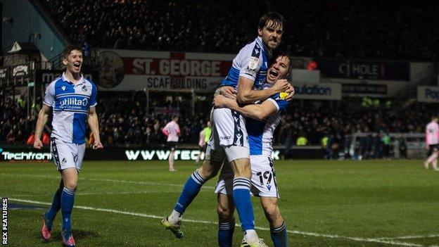 Antony Evans celebrates scoring the winning goal for Bristol Rovers against Barrow