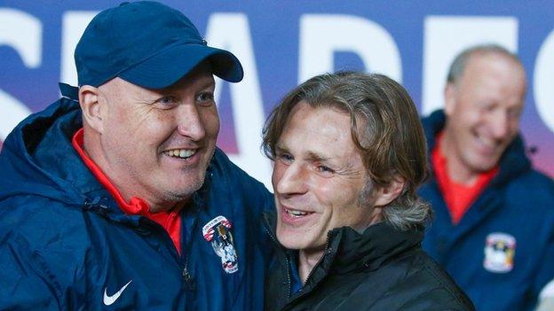 Coventry boss Russell Slade and opposite number Gareth Ainsworth, with (in the background) City goalkeeping coach Steve Ogrizovic, the club's only survivor from that great day in1987