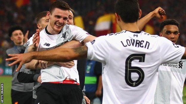 Andy Robertson celebrates as Liverpool reach the final of the Champions League