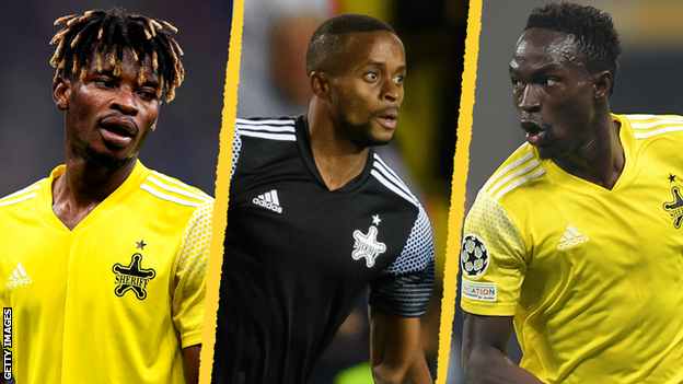 Edmund Addo, Momo Yansane and Adama Traore in action for Sheriff Tiraspol