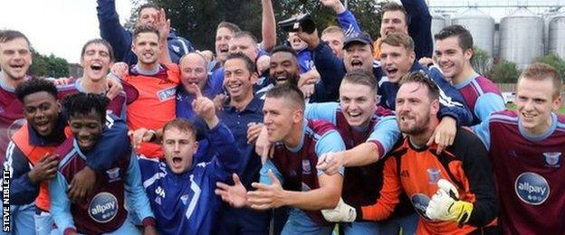 Westfields players celebrate their FA Cup fourth qualifying round win