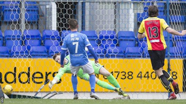 Partick's Adam Barton watches his side-footed effort beat Saints keeper Zander Clark