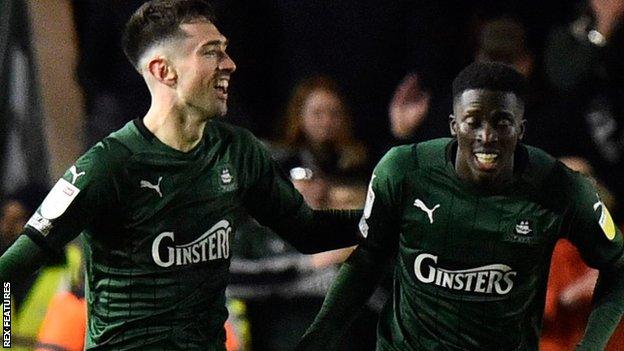 Ryan Hardie celebrates Plymouth's goal against Portsmouth