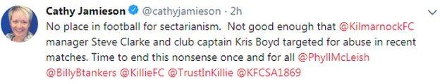 Tweet from Kilmarnock director Cathy Jamieson