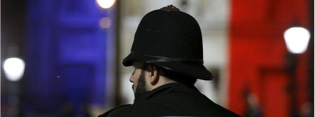 Policeman in front of tricolour