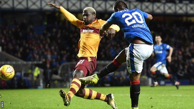 Rangers striker Alfredo Morelos scores against Motherwell