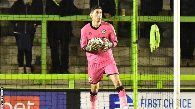 Luke McGee in goal during Forest Green Rovers' match against Colchester