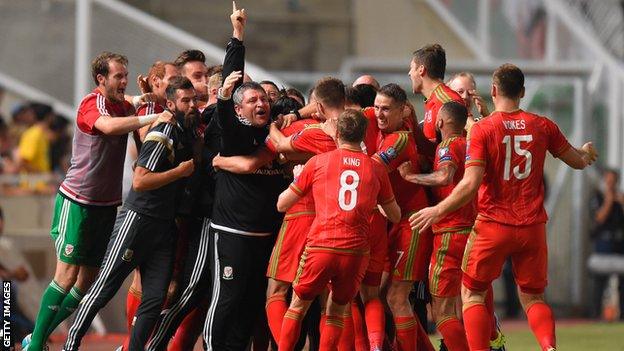 Wales celebrate Gareth Bale's goal against Cyprus