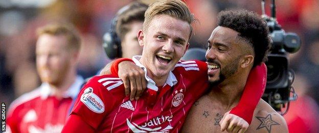 James Maddison celebrates with team-mate Shay Logan