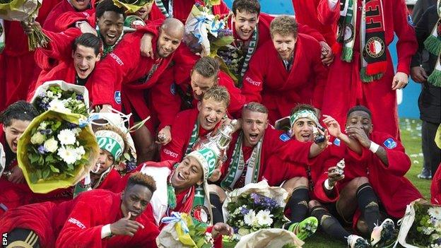 Feyenoord players celebrate winning the Dutch Cup