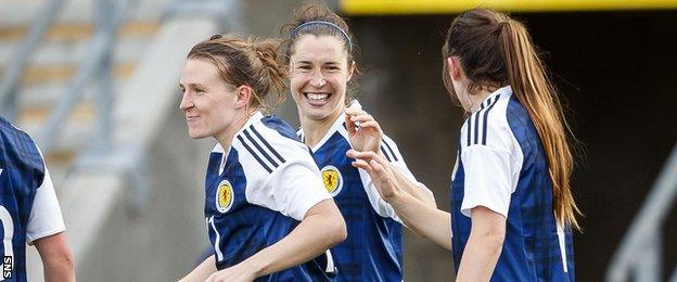 Jane Ross celebrates scoring for Scotland Women against Romania