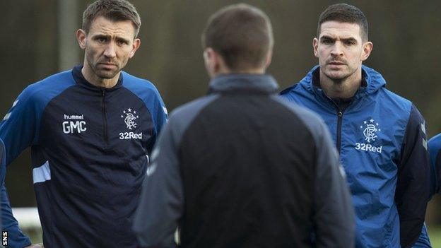 Gareth McAuley, Steven Gerrard and Kyle Lafferty at Rangers' training ground