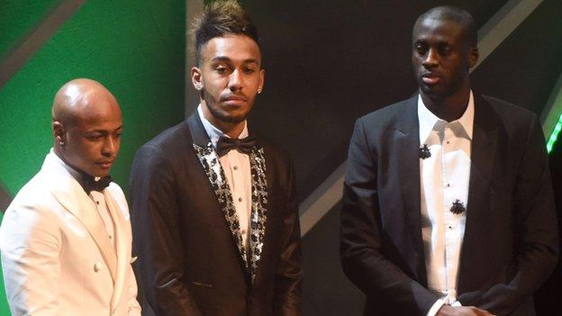 Yaya Toure (right) was beaten to the CAF player of the year award by Pierre-Emerick Aubameyang (centre)