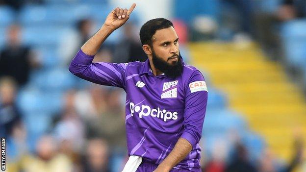 Adil Rashid celebrates taking a wicket for Northern Superchargers in The Hundred