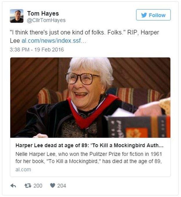 @cllrtomhayes: "I think there's just one kind of folks. Folks." - Harper Lee