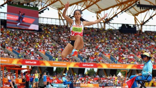 Katarina Johnson-Thompson taking part in the long jump event of the heptathlon at the 2018 Commonwealth Games