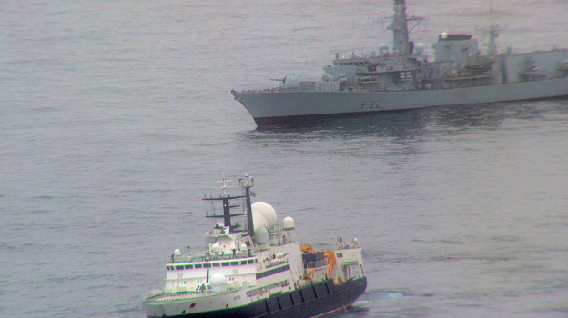 Ministry of Defence photo showing a Royal Navy ship tracking the Yantar