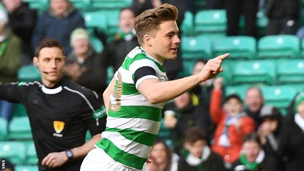 James Forrest celebrates scoring for Celtic