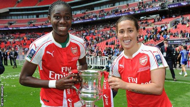 Asisat Oshoala won the FA Cup in 2016 with Arsenal, pictured here with Fara Williams (right)