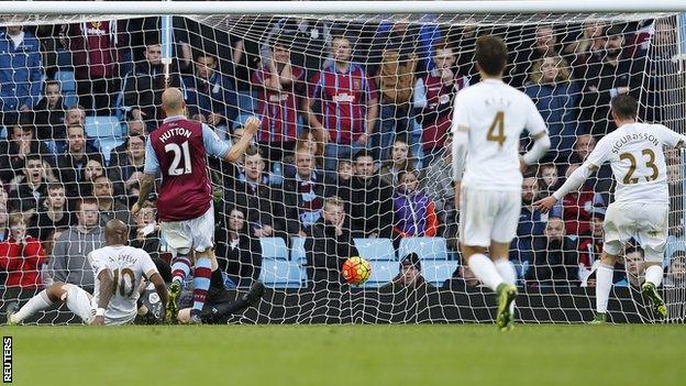 Andre Ayew (left) scores Swansea's winner at Aston Villa