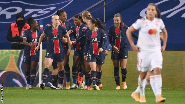 PSG celebrate Marie-Antoinette Katoto's goal