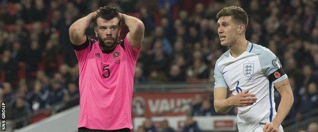 Grant Hanley missed with a free header from a corner shortly after England opened the scoring