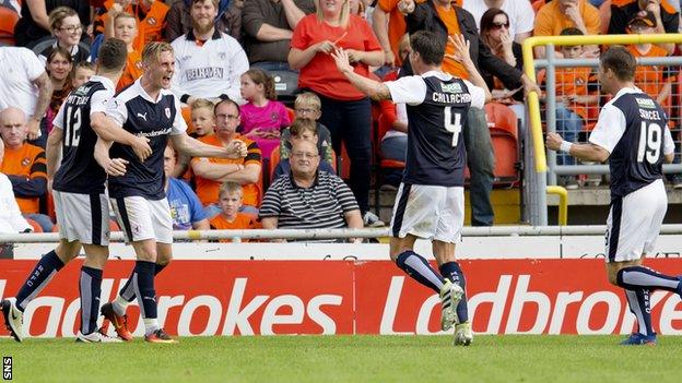 Kevin McHattie (second from left) celebrates equalising for Raith Rovers