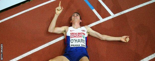 Chris O'Hare celebrates his bronze medal in Prague